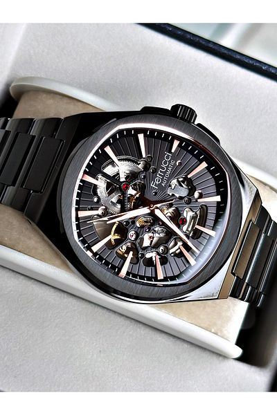 Ferrucci Black Color Steel Cord Business Automatic Steel Cord Men's Wrist Watch + Bracelet