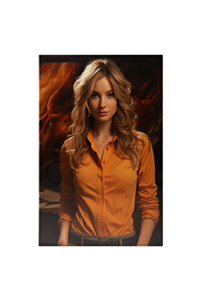 StoryGift Romania Tablou Canvas: Femeie Blonda Draguta - Camasa Portocalie Cu...