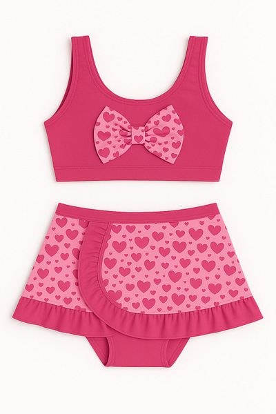 Trend Bebe Butik Girl's Skirted Bikini Set 3-12 Years |   Heart Patterned Ruffled Double Swimsuit Set Pink