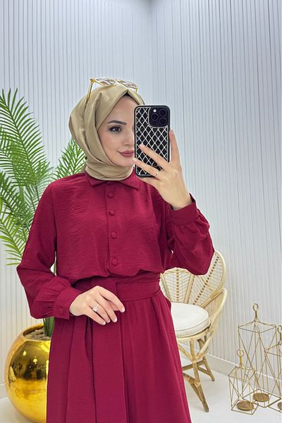 Neşeli Butik Women's Belted Shirt Collar Loose Islamic Jumpsuit Nms010