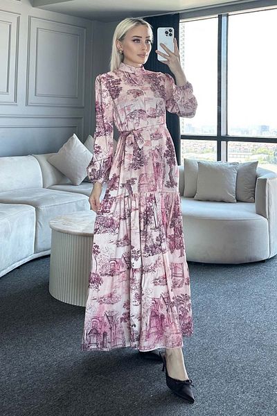 benguen Patterned Hijab Dress Claret Red 505-1