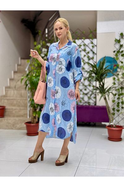 Punta Otantik Yg301005 Italian Coton Pareo Shirt Dress Blue