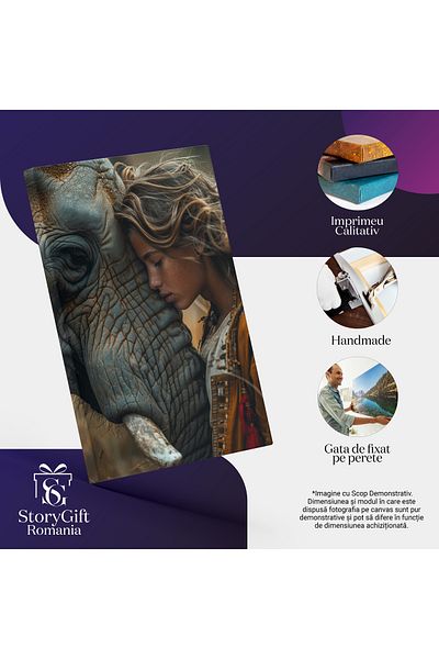 StoryGift Romania Tablou Canvas: Iubitoare De Elefanti Fata Care Ingrijeste Un Elefant Batran In Bluza Alba Si C