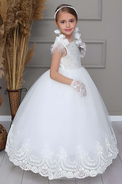 Riccotarz Girl's Shoulders Tassels Body Pearl Beading Embroidered Skirt Tip Lace Embroidered Tulle White Evening Dress