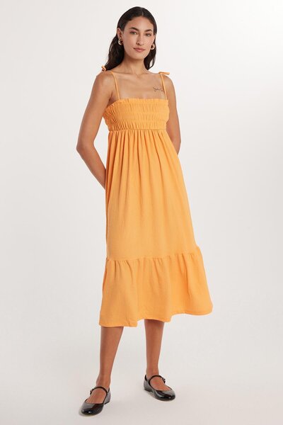 Tudors Дамска рокля Slim Fit с тънки презрамки и завързване, оранжева, с набр...