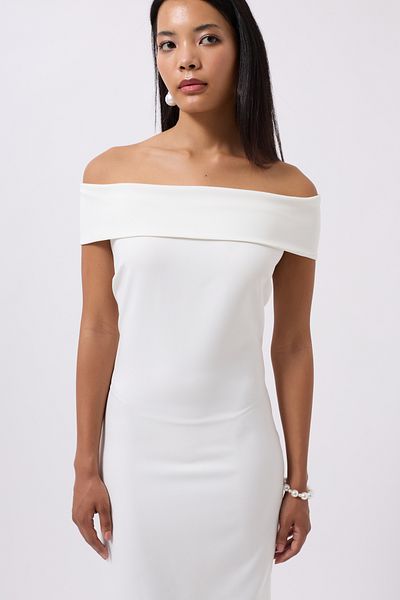 Black Fashion Shoulder Fold Detail Maxi White Dress