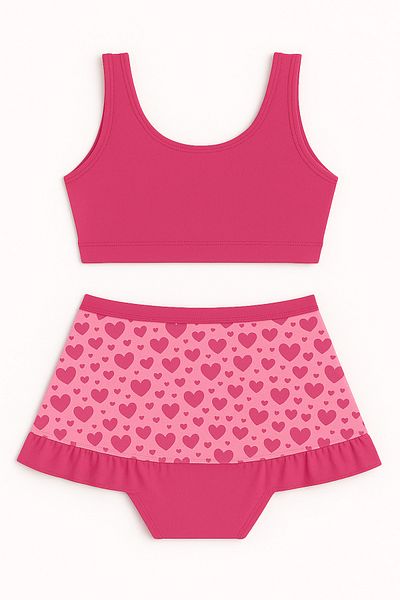 Trend Bebe Butik Girl's Skirted Bikini Set 3-12 Years |   Heart Patterned Ruffled Double Swimsuit Set Pink