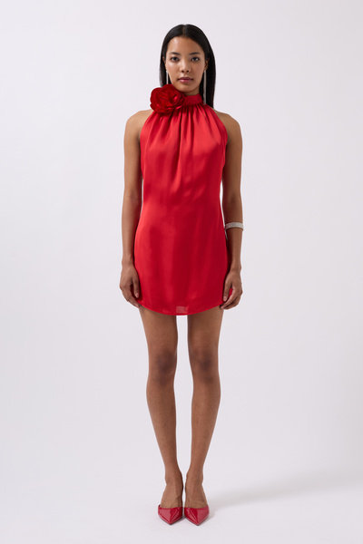 Black Fashion Rose Detail Mini Satin Red Dress