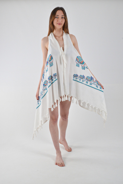 REİNA TEKS Асиметрична віскозна куртка-накидка синього кольору з малюнком філі, бавовняний пляжний одяг, 1 штука, парео, пляжний одяг