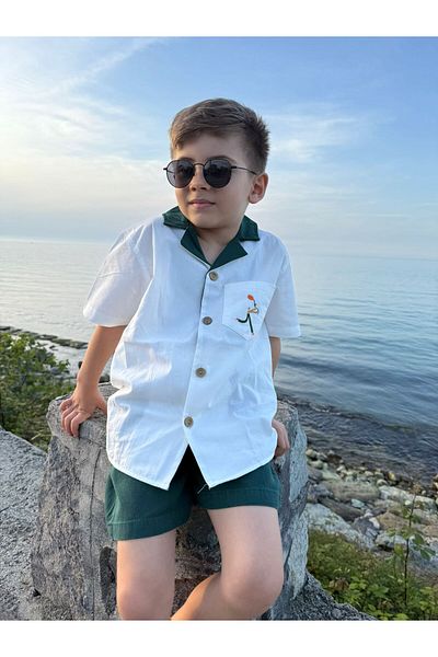Pollito Boy's Apaş Collared Shirt with Pocket and Embroidered Back, 2-Piece Set