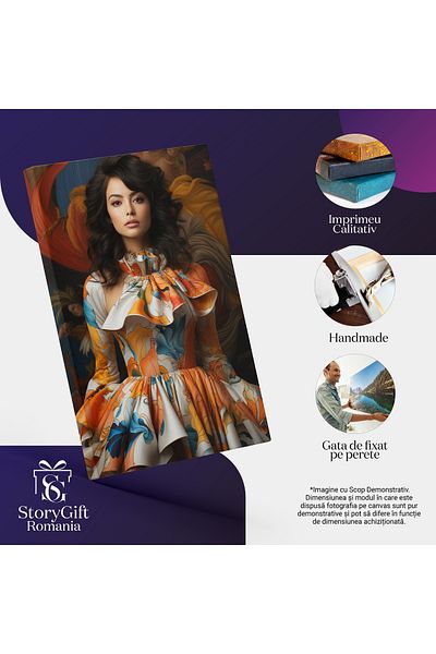 StoryGift Romania Tablou Canvas: Portretul Unei Femei Dragute Intr-o Rochie Eleganta - Pictura In Fundal Pictura