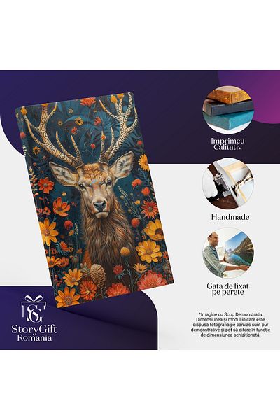 StoryGift Romania Tablou Canvas: Cap De Cerb Înconjurat De Flori Portocalii - Armonie Naturală Pictura Digitala