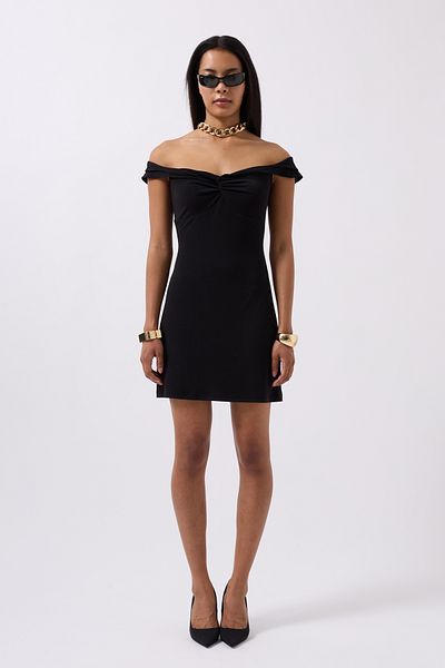 Black Fashion Mini Black Dress with Shirring Detail Shoulder Straps