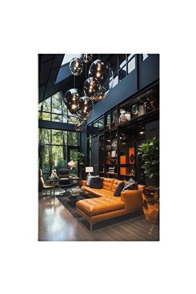 StoryGift Romania Tablou Canvas: Designe Interior Livingroom Cu Canapea De Piele Portocalie View Spre Jungla Pic