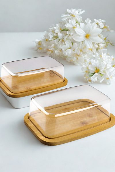 Manaferra Acrylic Butter Bowl and Storage Container with 2 Bamboo Lids