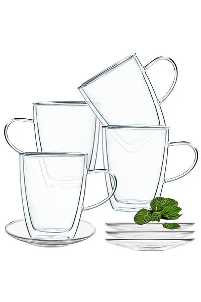 Quasar & Co. Set of 4 Cups and 4 Saucers, ®, 350 ml Double Walled, Heat Resistant