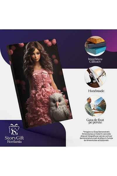 StoryGift Romania Tablou Canvas: Printesa Imbracata In Rochie Roz Inconjurata De Trandafiri Si Insotita De Bufni