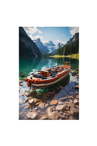 StoryGift Romania Tablou Canvas: Priveliste Lac Intre Munti Barca De Salvamari Apa Stralucitoare Pictura Digitala