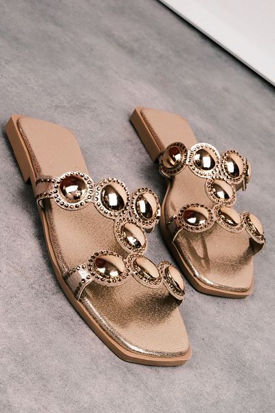 Lal Shoes & Bags Marone Women's Round Metal and Stone Detailed Banded Slippers-Gold