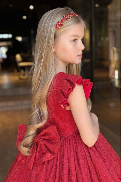 Riccotarz Girl's Sparkling Red Evening Dress with Ruffle Shoulders and Glitter