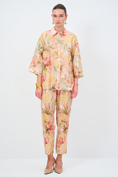 Love My Body Desenli Beli Lastikli Keten Pantolon