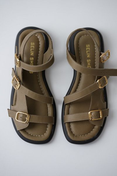 selinshoes Sandale de damă din piele naturală cu cataramă din cauciuc Bloss din 3 piese - KHAKI