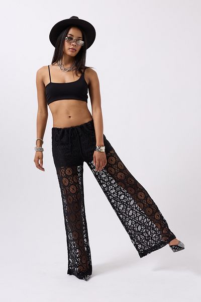 Black Fashion Lace Black Trousers with Lace-Up Waist