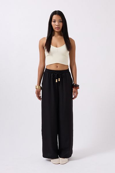 Black Fashion Accessory Detail Linen Black Trousers