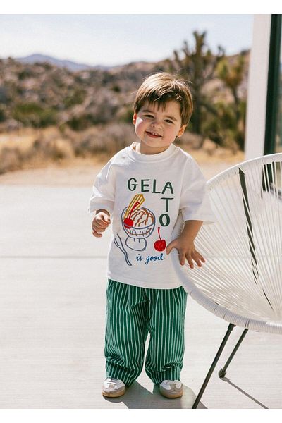 Magu Unisex Children's Cotton Green Striped Gelato Printed T-Shirt Set - Summer Comfortable Form