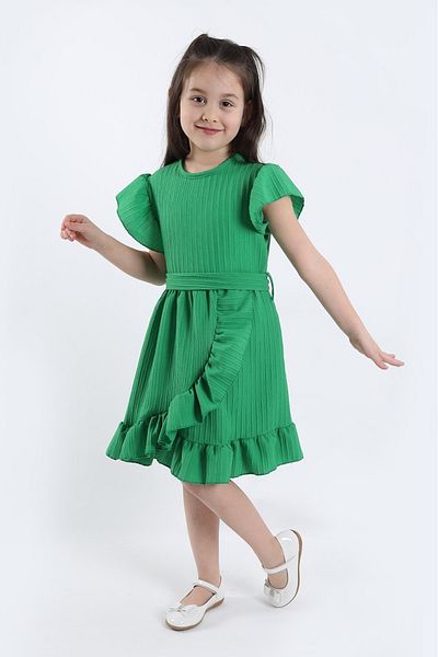 aden kids Green Blue Girls Ruffled Lycra Dress with Belt - 2-8 Years