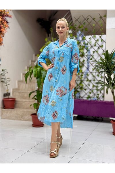 Punta Otantik Yg304003 Italian Coton Pareo Shirt Dress Turquoise