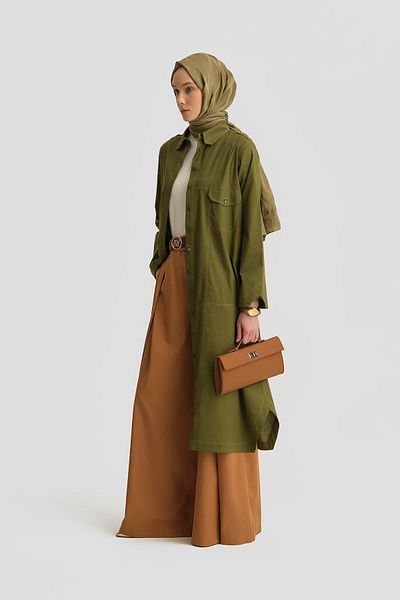 Armine Contrast Stitched Cotton Tunic Dress 25Y4705 Green