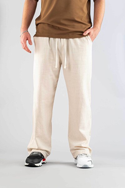 bombe Men's Trousers Elastic Waist Linen Comfortable Stretchy Lycra Basic Cotton Jogger Beige