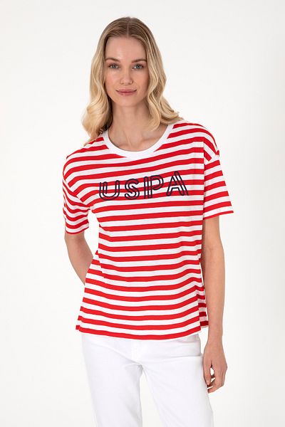 U.S. Polo Assn. Women's Red Striped Crew Neck T-Shirt 50305772-Vr030