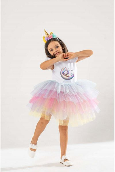 YAĞMUR KOStütüM Unicorn Night, Moon and Stars Girl's Birthday Dress and Party Costume (Unicorn Crown Gift)