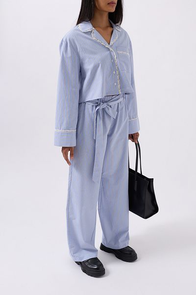 Black Fashion Belt Detail Striped Blue Trousers