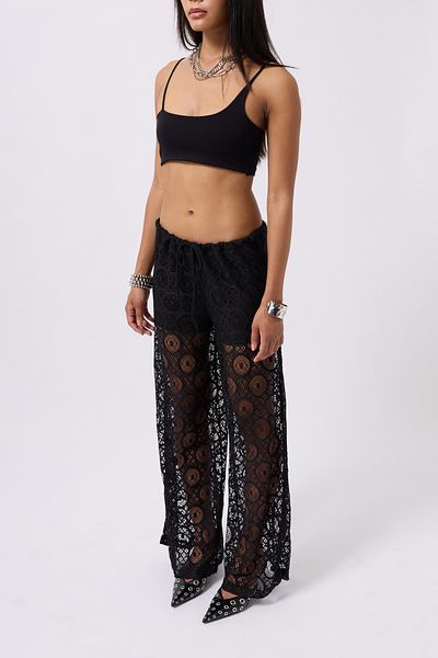 Black Fashion Lace Black Trousers with Lace-Up Waist