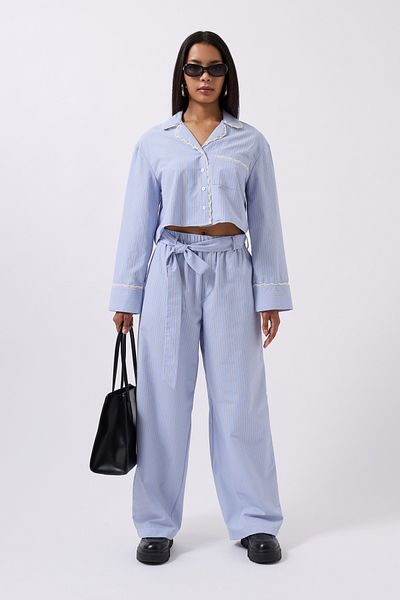 Black Fashion Belt Detail Striped Blue Trousers
