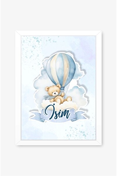 neşeli günlerim İsme Özel Boyutlu Balon Ayıcık Figürlü Beyaz Çerçeve 30x40 cm Tablo, Hastane Odası Kapı Süsü, Çocuk