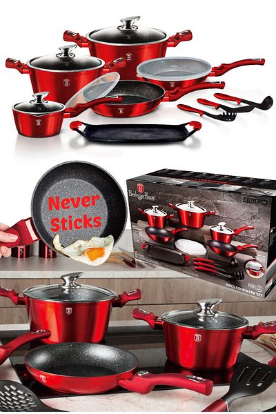 Berlinger 16 Pcs Marble Cookware Pot Pan Set Induction Gas Electric Ceramic Burgundy Metallic Line