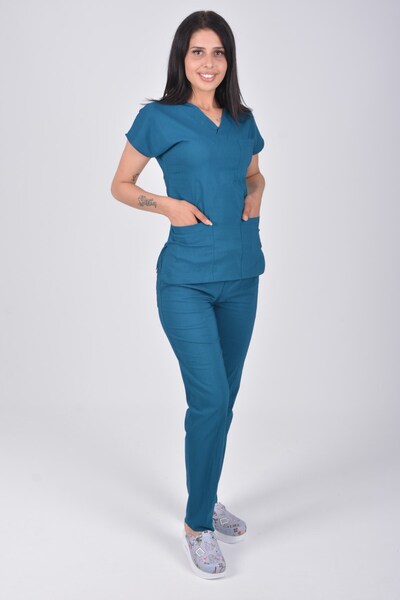 Nur Medikal Giyim Set de bluză și pantaloni din tricot de culoare albastru petrol pentru asistentă medicală, doctor, spital chirurgical, culoare gri