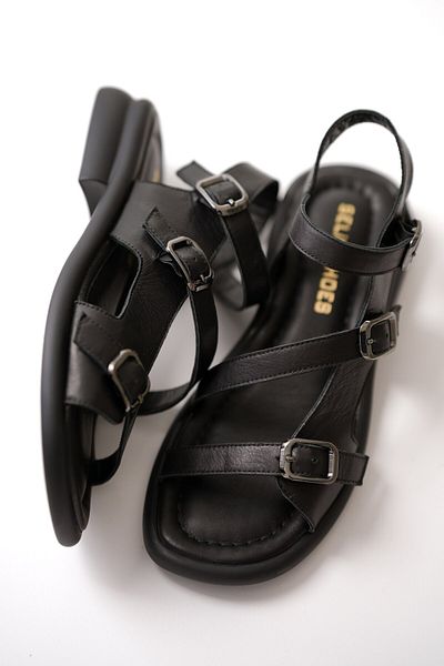 selinshoes Sandale de damă din piele naturală cu cataramă din cauciuc Bloss din 3 piese - NEGRE