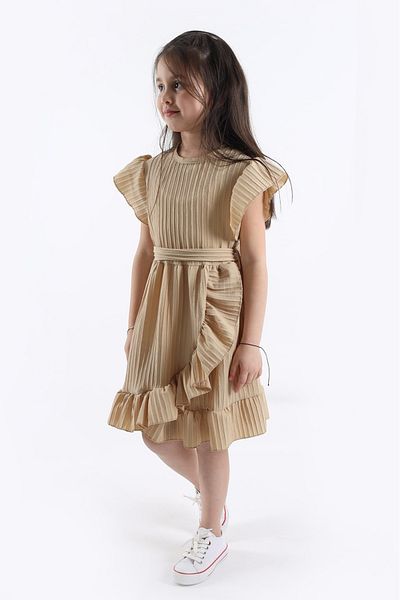 aden kids Rochie Fata Bej 2-8 Ani - Tinuta de Vara cu Volane si Curea Lycra