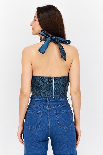 Missguided Women Halter Neck Sleeveless Snakeskin Crop Top, Teal Blue