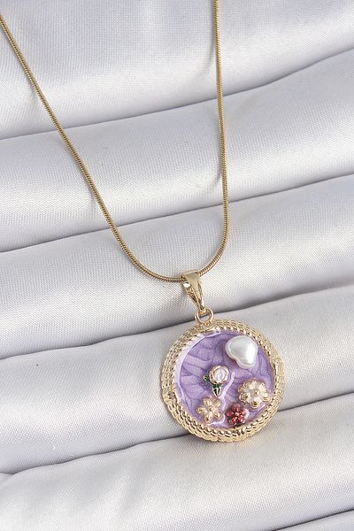 BESKAR 316L Steel Gold Color Chain Purple Enamel Pearl Flower Embroidered Medallion Model Women's Necklace