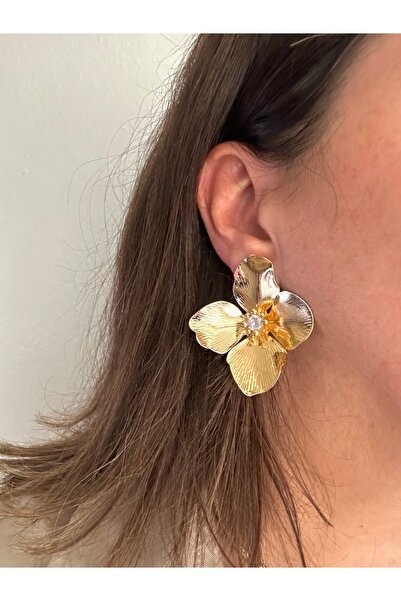 ALS Tasarım Dünyası Kadın Gold Renk Altın Kaplama Ortası Boncuklu Şık Küpe