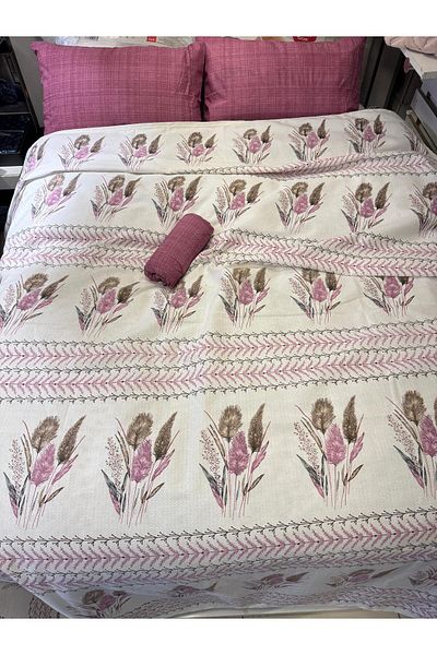 ŞENER HOME Ekin Patterned Sheet Elastic Double Pique Set - Dusty Rose