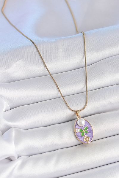 BESKAR 316L Steel Gold Color Chain Purple Enamel Oval Pearl Flower Embroidered Portrait Model Women's Necklace