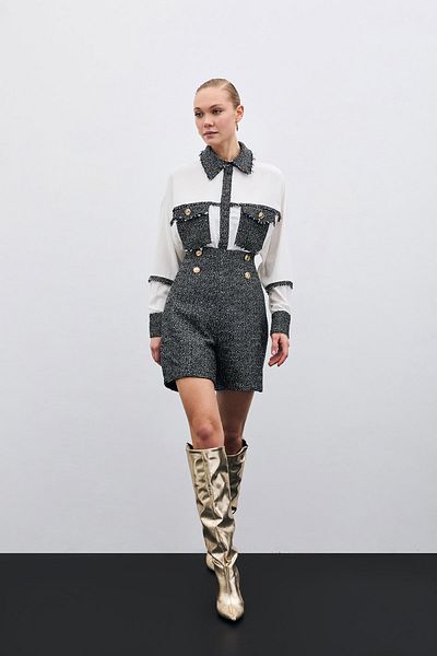 Sateen Button Detail Tweed Shorts - Sax Blue