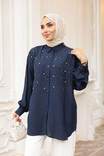 LOCCO Women's Stone Detailed Shirt Navy Blue